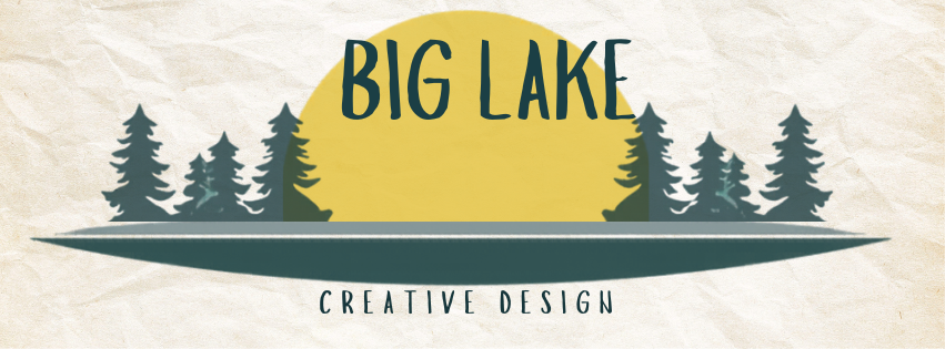 Yellow sun and green trees behind text of big lake creative design" 